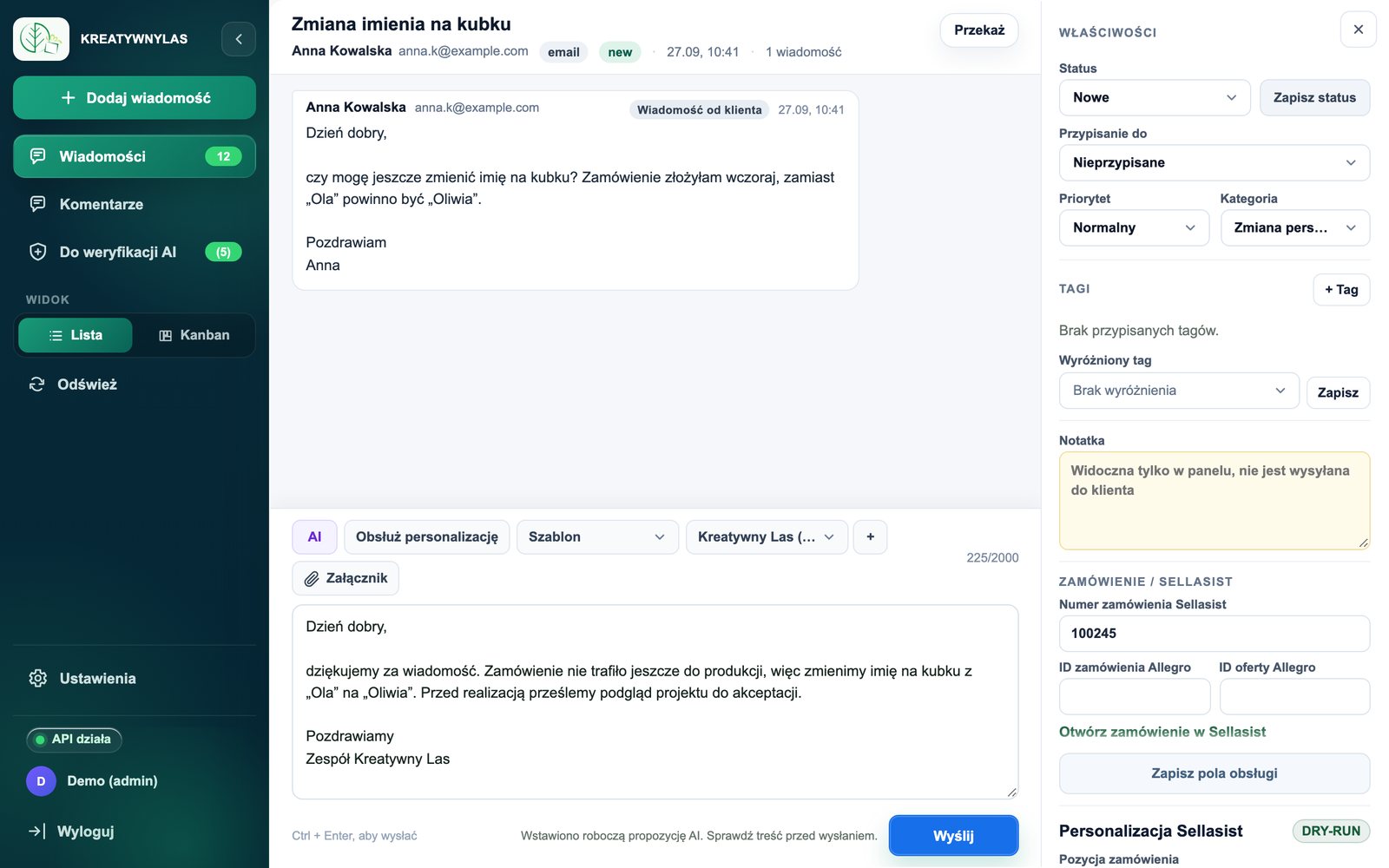 Odpowiedź przygotowana przez agenta AI, gotowa do sprawdzenia (dane przykładowe)
