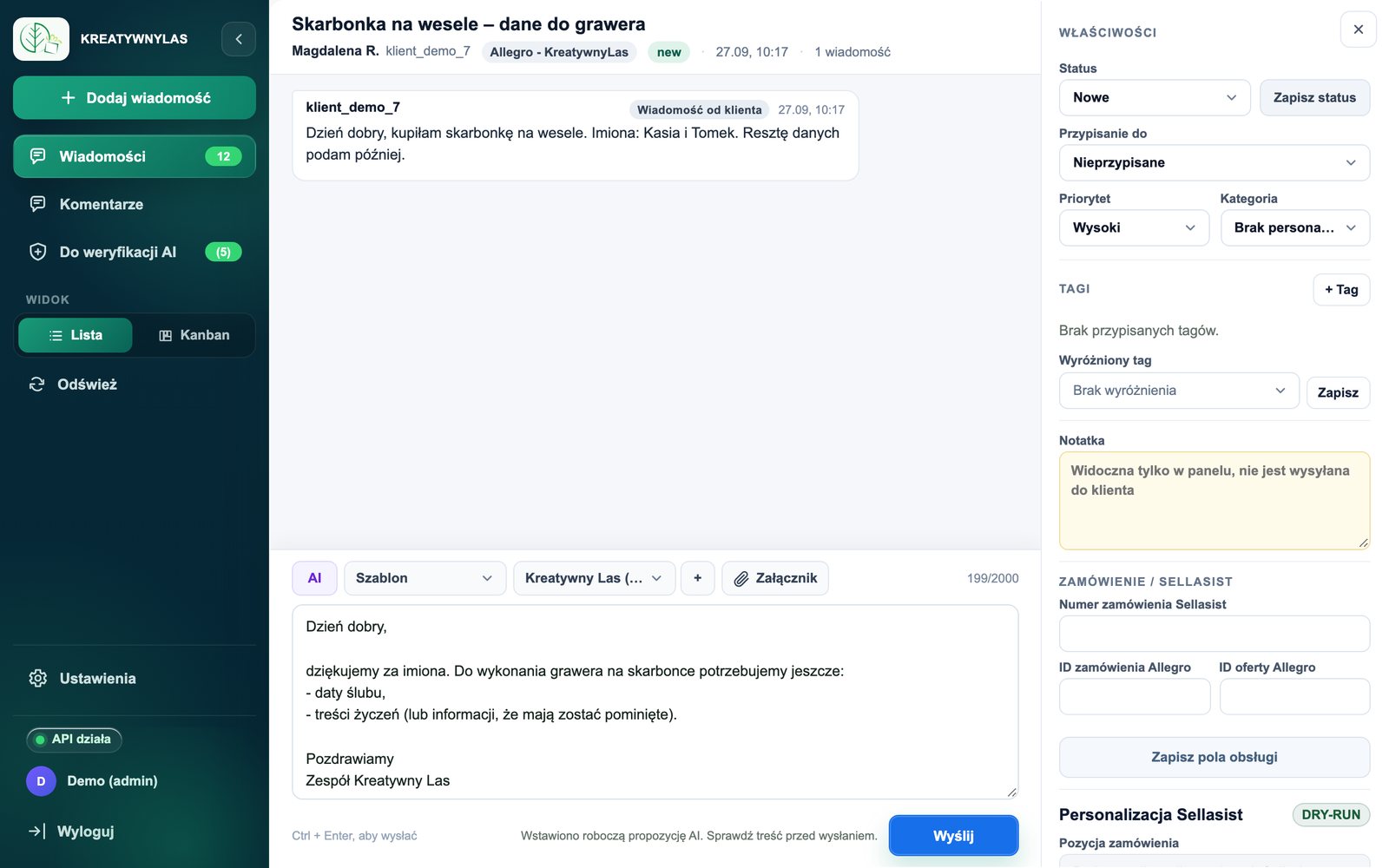 Agent AI dopytuje o brakujące dane do personalizacji (dane przykładowe)
