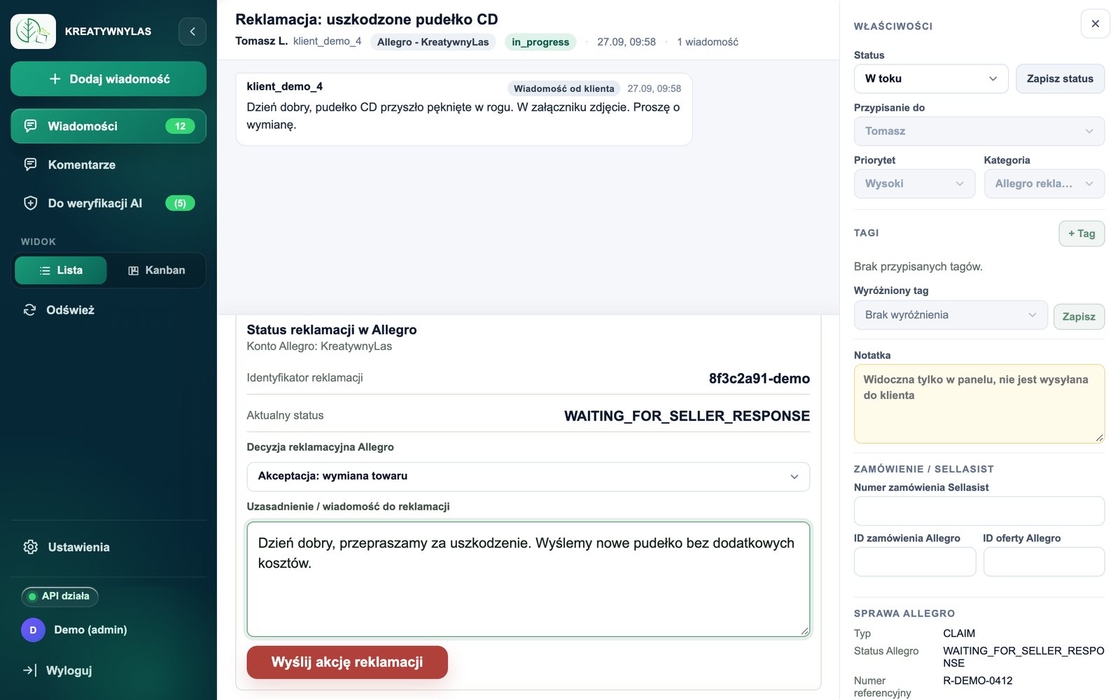 Rozpatrywanie reklamacji z Allegro (dane przykładowe)