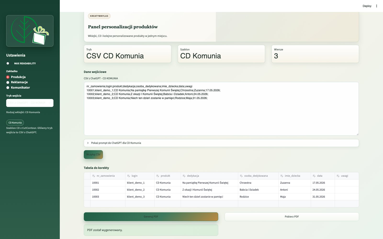Produkcja: dane zamówień i generowanie plików PDF (dane przykładowe)